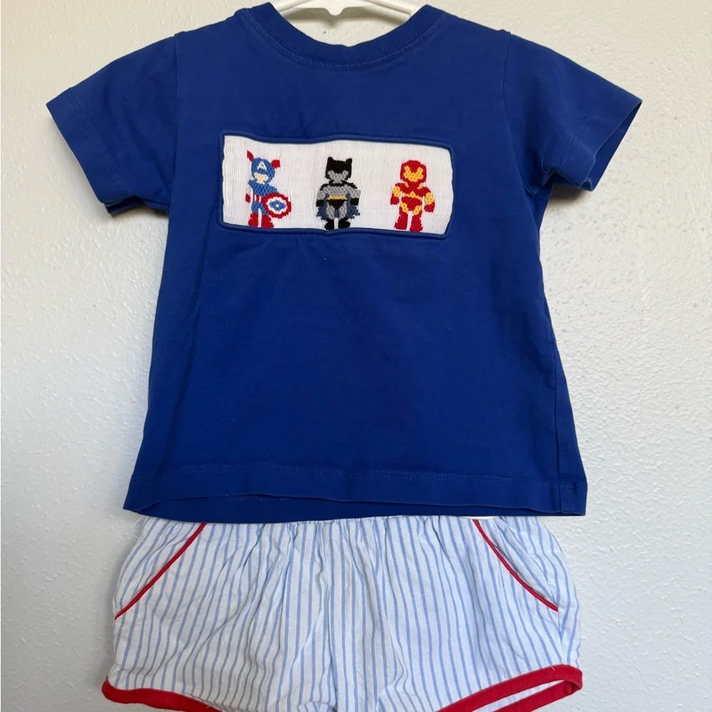 Blue Kids Tee & Striped Shorts Set with Superhero Smocking - Picture 2 of 2